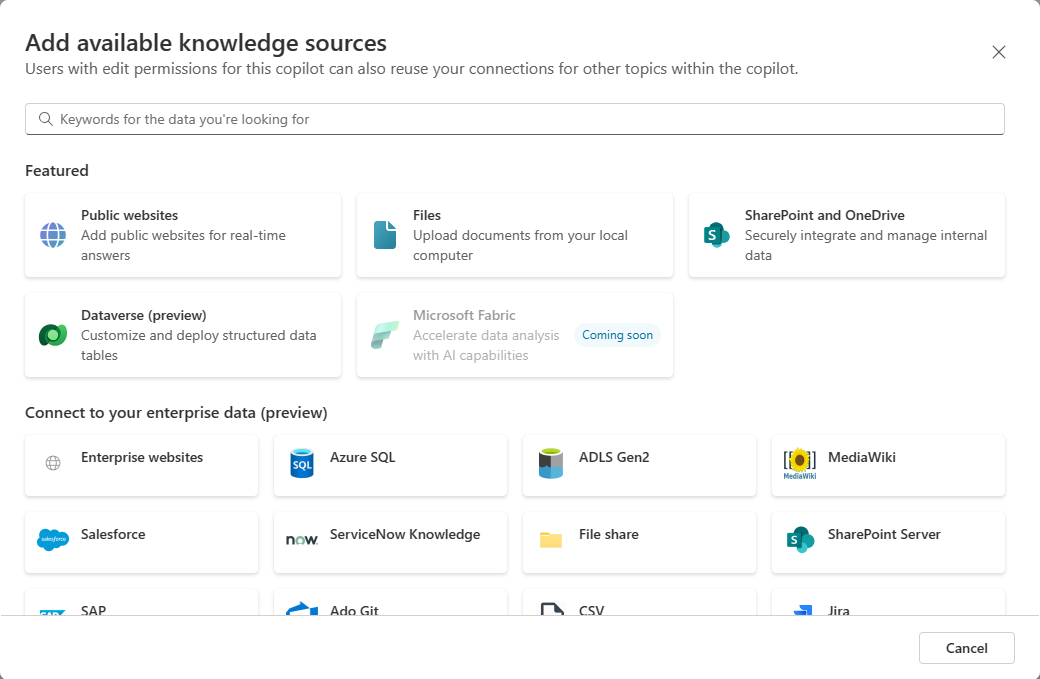 Capture d’écran de la boîte de dialogue Ajouter des sources de connaissances disponibles.