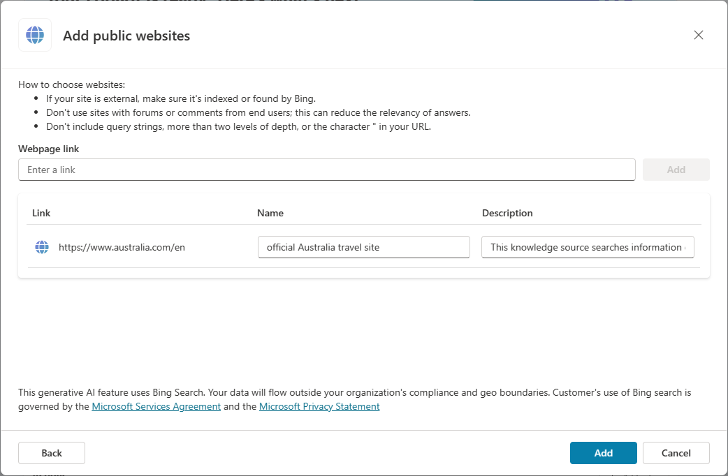 Capture d’écran de la boîte de dialogue Ajouter des sites web publics.