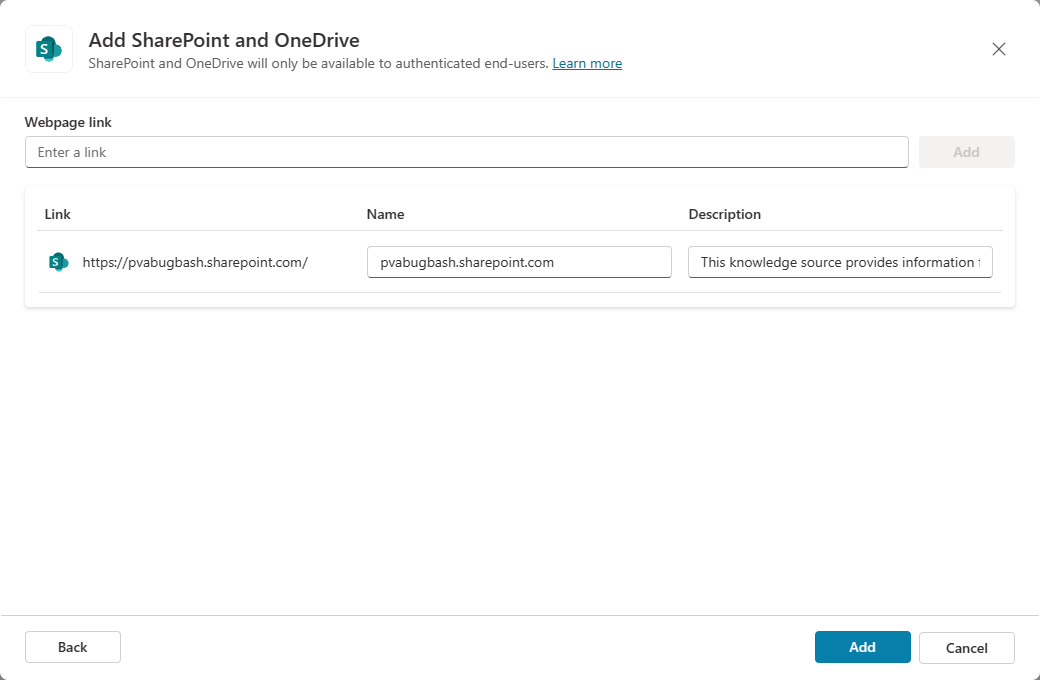 Capture d’écran de la boîte de dialogue Ajouter SharePoint et OneDrive.