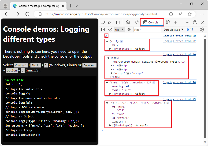 Journaliser des variables de différents types dans la console avec des informations supplémentaires développées