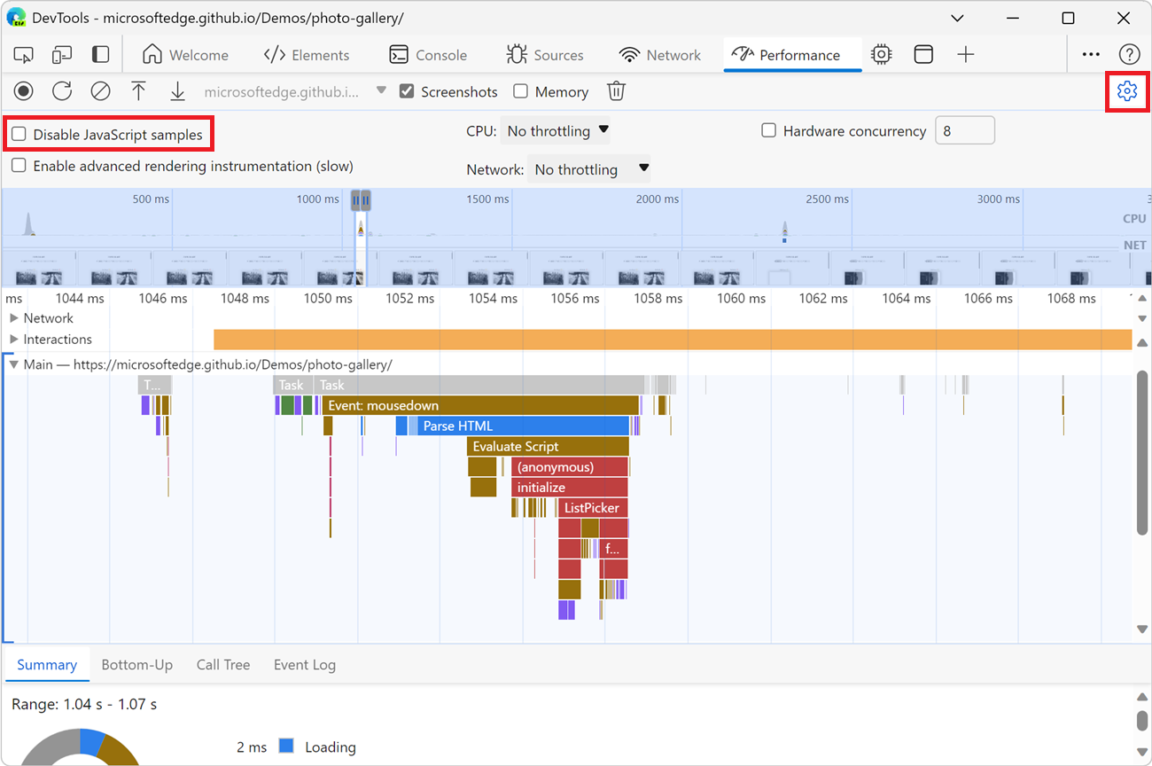 Exemple d’enregistrement lorsque les exemples JS sont activés.