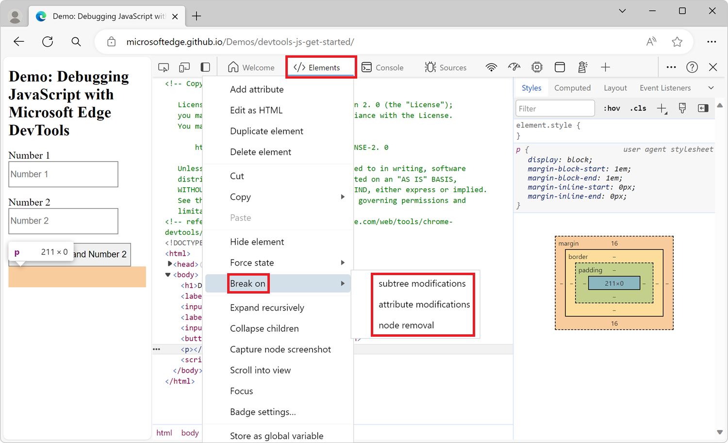 Menu contextuel pour la création d’un point d’arrêt de modification DOM