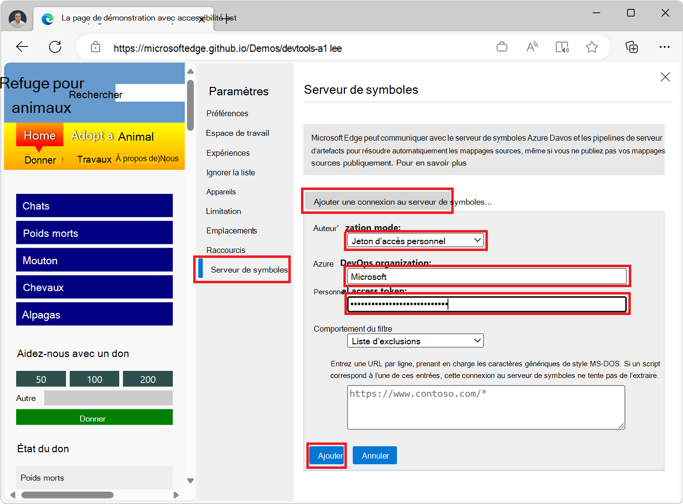 Écran de configuration du serveur de symboles dans les paramètres DevTools, montrant les champs requis pour créer une nouvelle connexion PAT