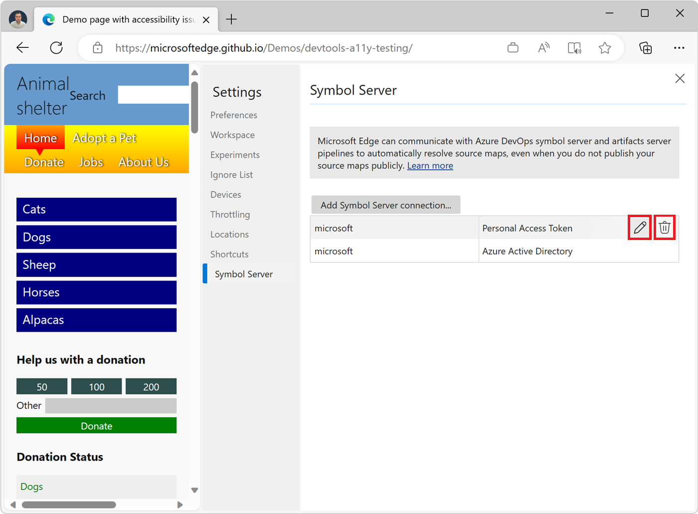 Les boutons Supprimer et modifier, sur un élément de connexion, dans la page paramètres du serveur de symboles