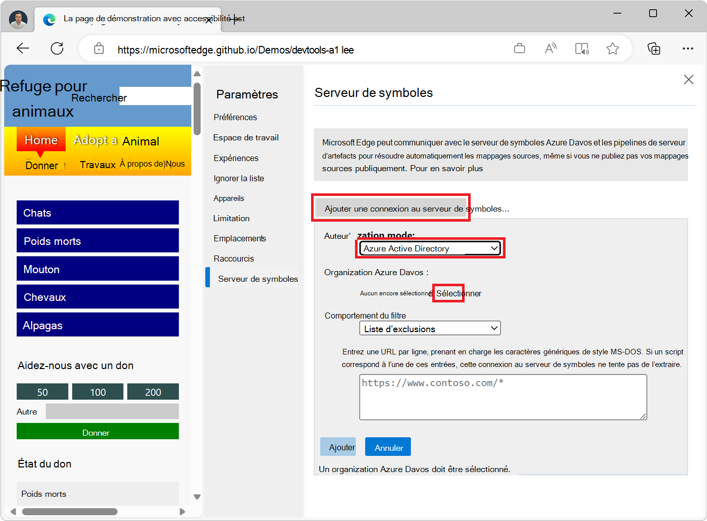 Écran de paramètre Serveur de symboles dans DevTools