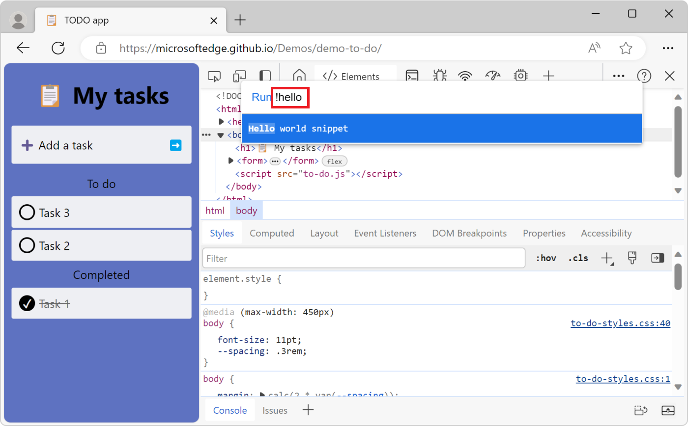 Exécution d’un extrait de code à partir du menu Commandes