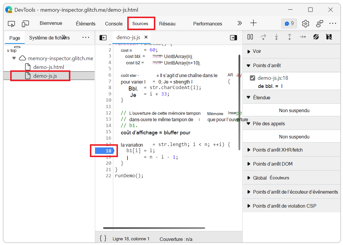 Définir le point d’arrêt de l’inspecteur de mémoire dans un fichier JavaScript