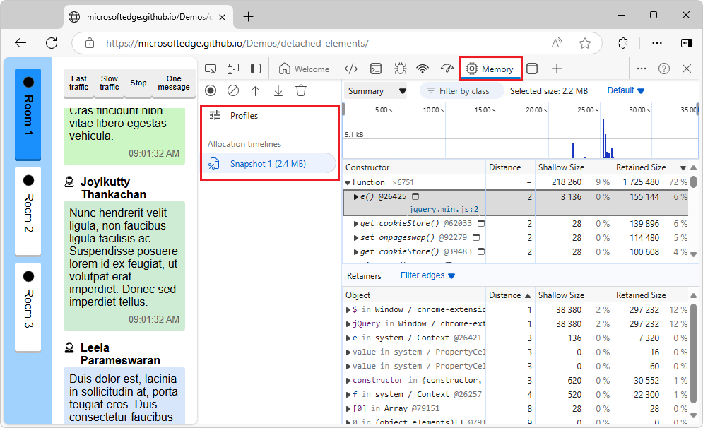 Nouvel instantané répertorié dans la section « Chronologies d’allocation » de la liste des profils