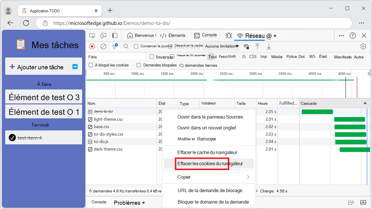 Commande de clic droit « Effacer les cookies du navigateur » dans la table Demandes de l’outil Réseau