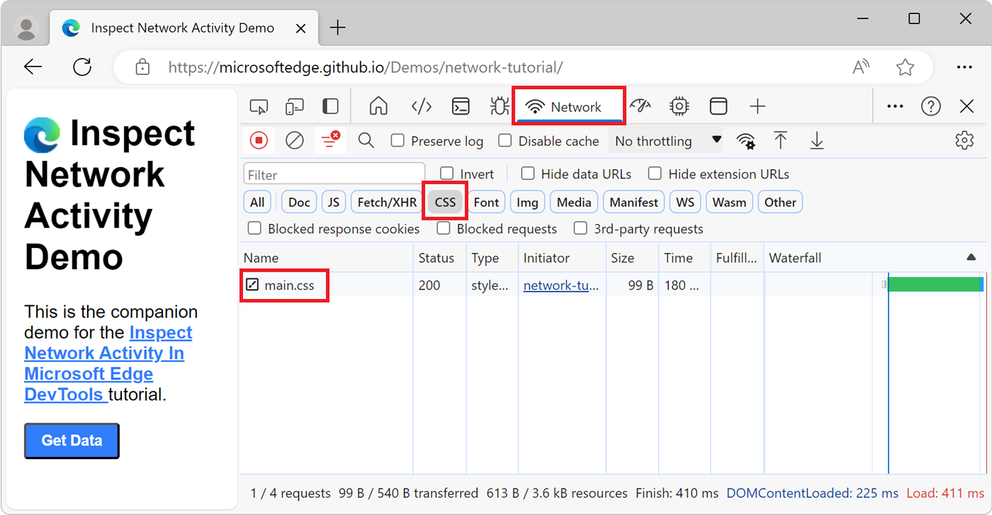 Filtrage pour répertorier uniquement les fichiers de ressources CSS dans le journal réseau