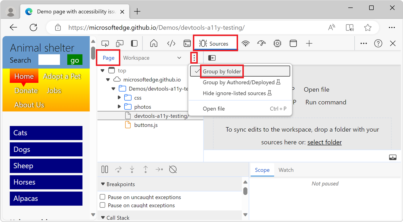 Fichiers de ressources de la page web regroupés par dossier sous l’onglet Page de l’outil Sources