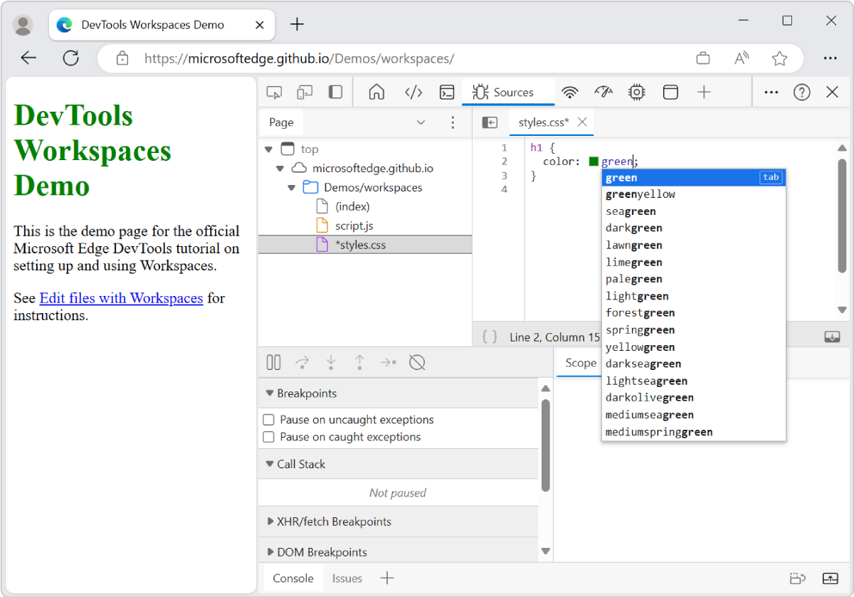 Modifier css dans le volet Éditeur pour modifier la couleur du texte de l’en-tête H1 en vert