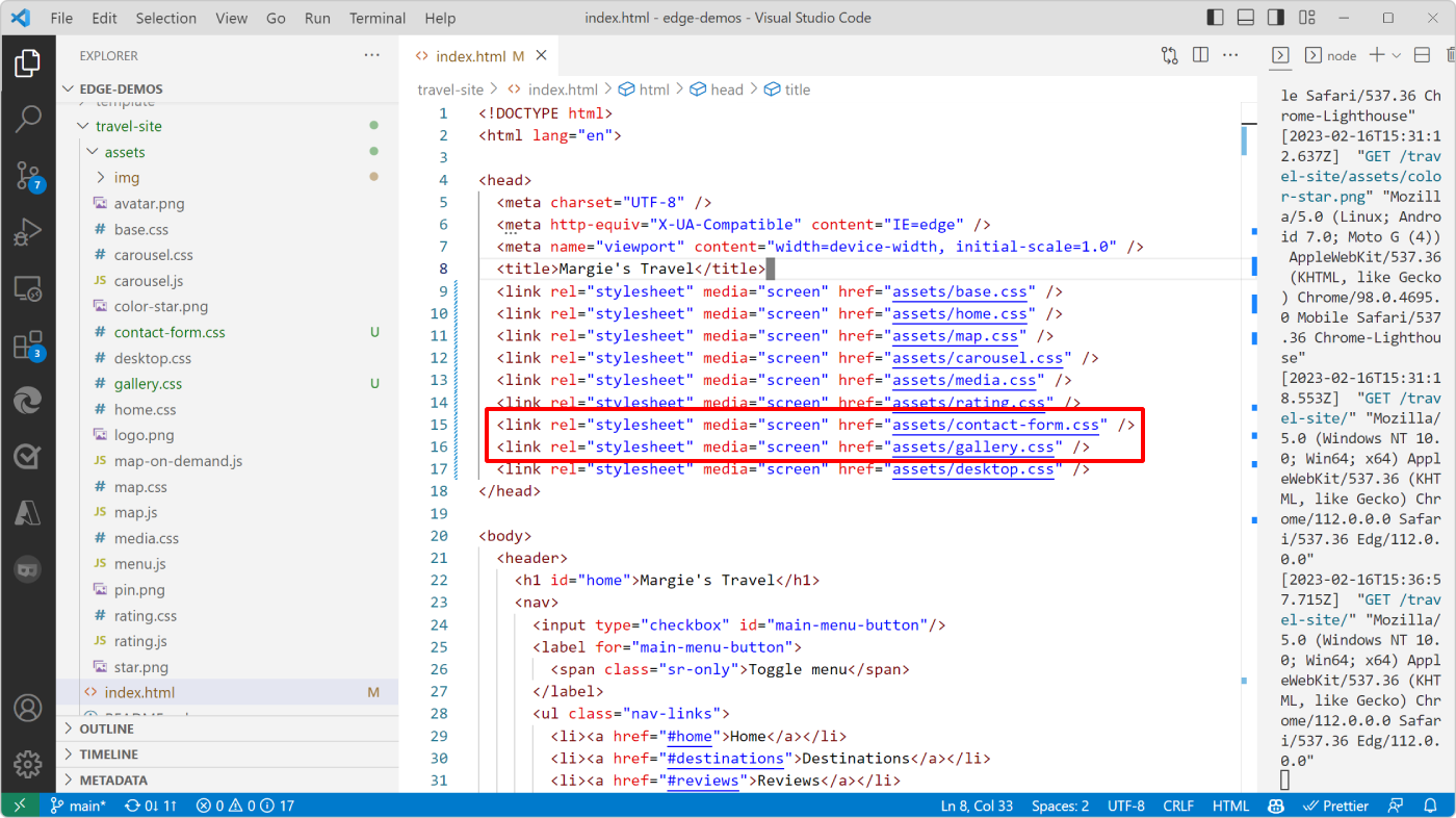 Visual Studio Code, avec le index.html ouvert, montrant où se trouvent les deux balises de lien