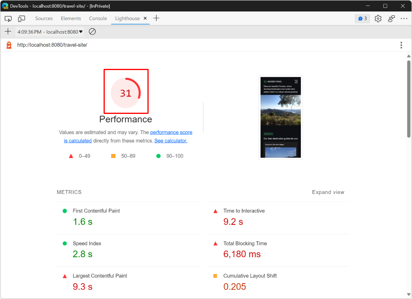 Rapport de l’outil Lighthouse montrant un meilleur score après les modifications