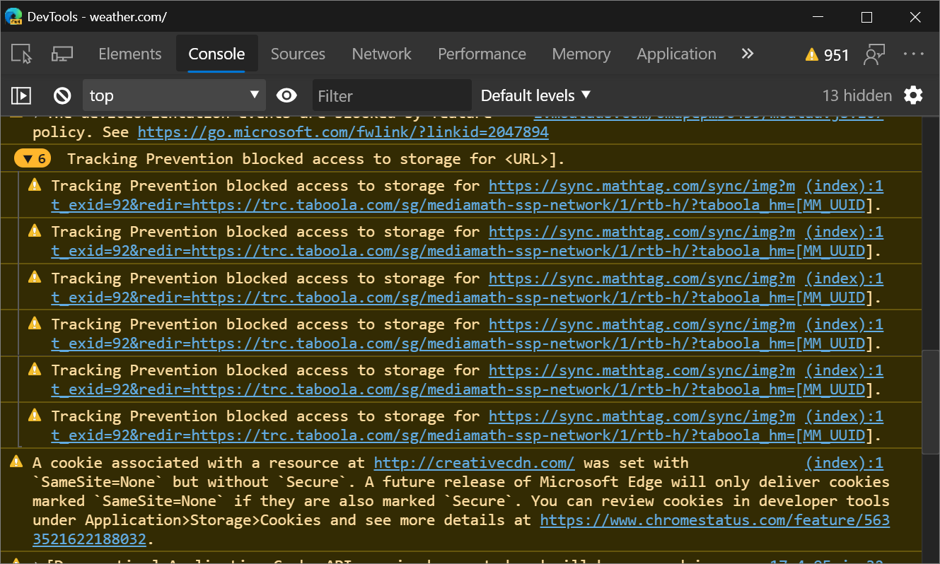 Messages dans la console lorsque la prévention du suivi bloque l’accès au stockage d’un dispositif de suivi