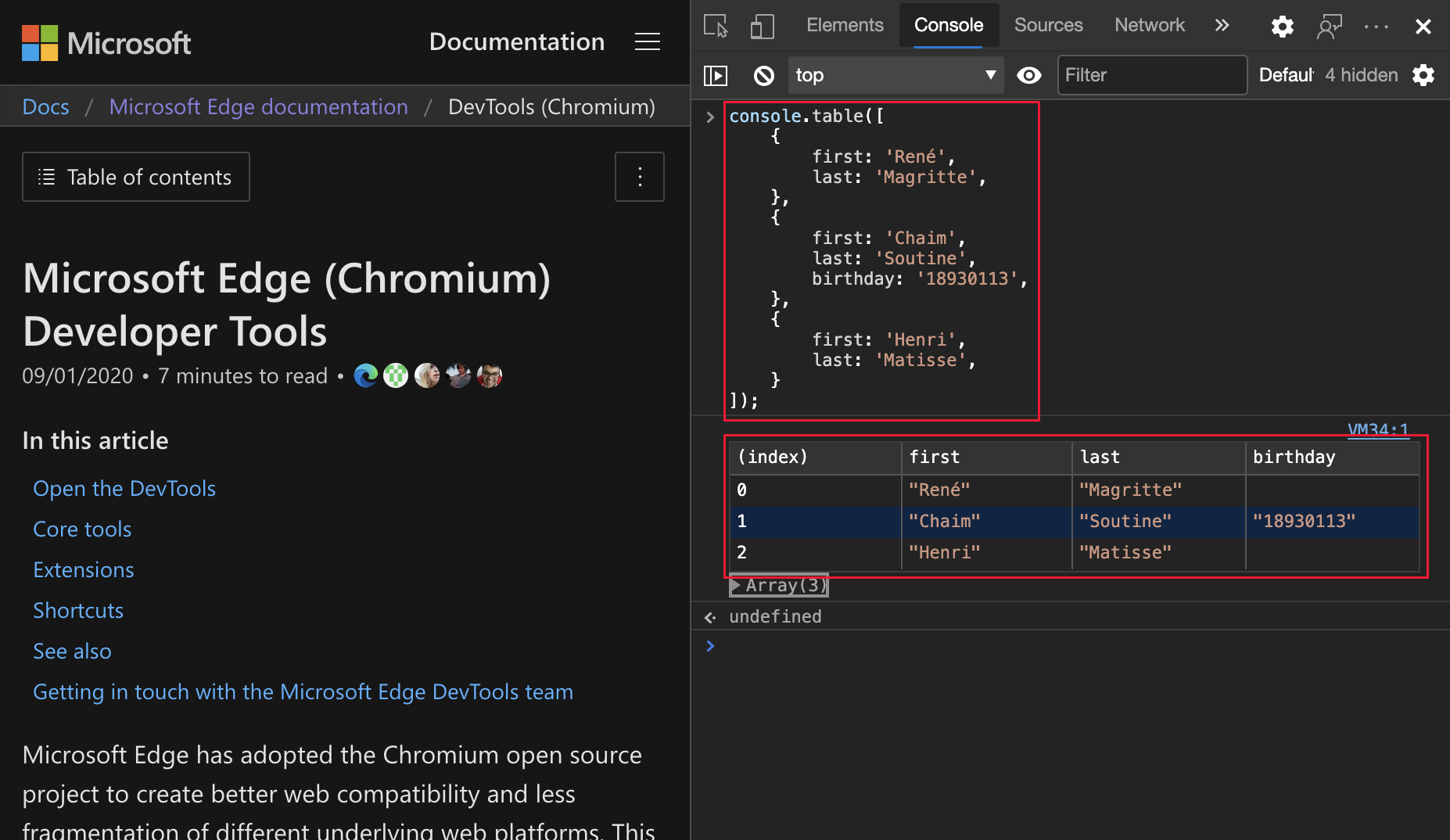 sortie de l’API console table dans Microsoft Edge 86 ou version ultérieure