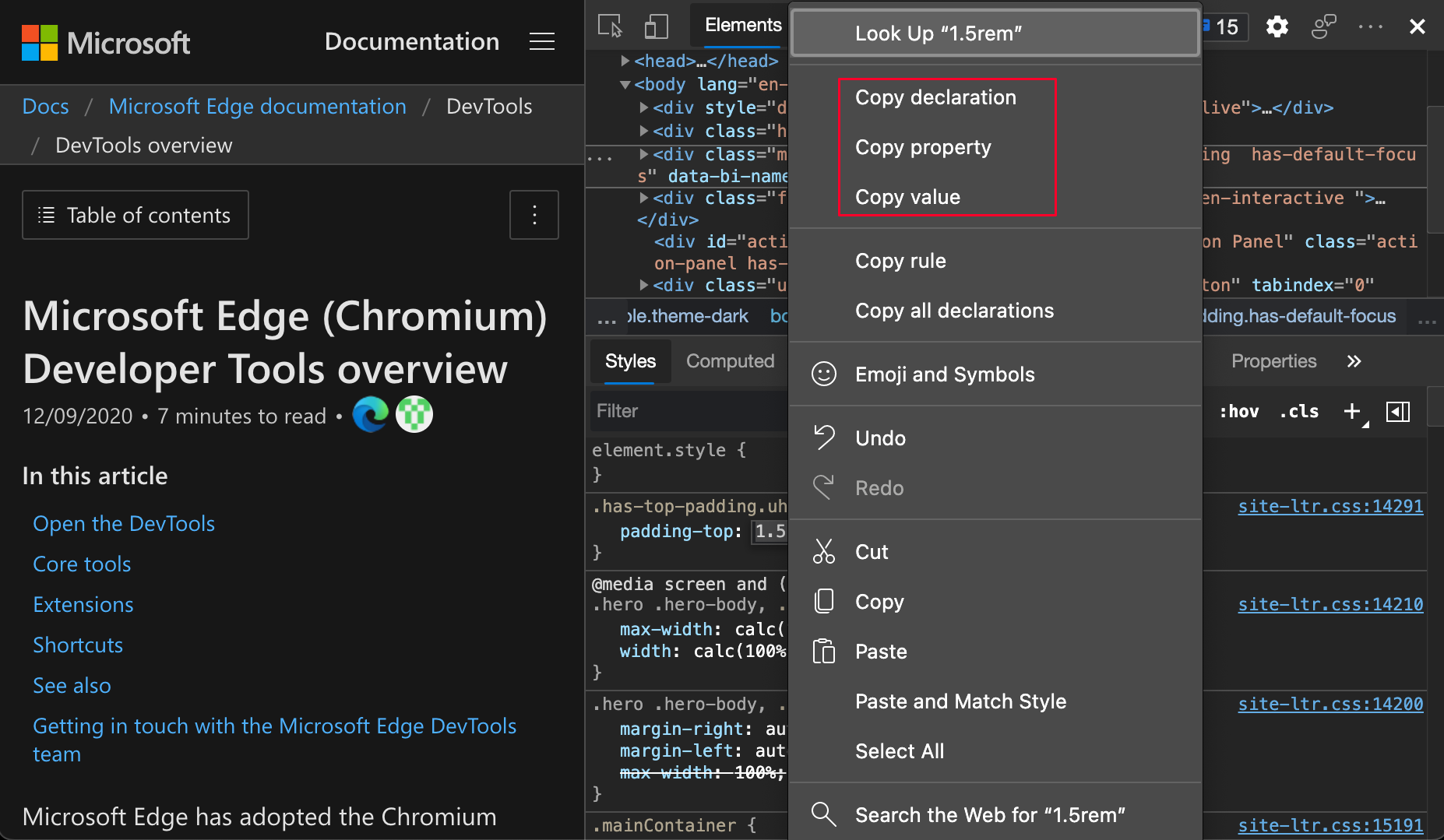 Options de copie d’une propriété CSS dans le menu contextuel