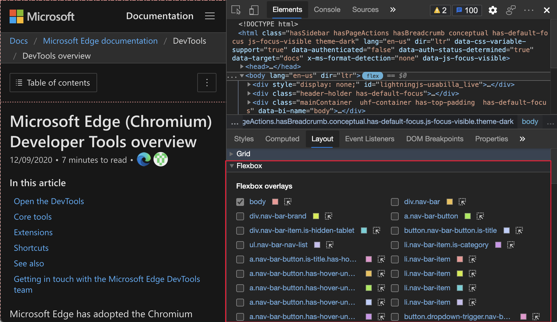 Superpositions Flexbox mises en surbrillance dans le volet Disposition