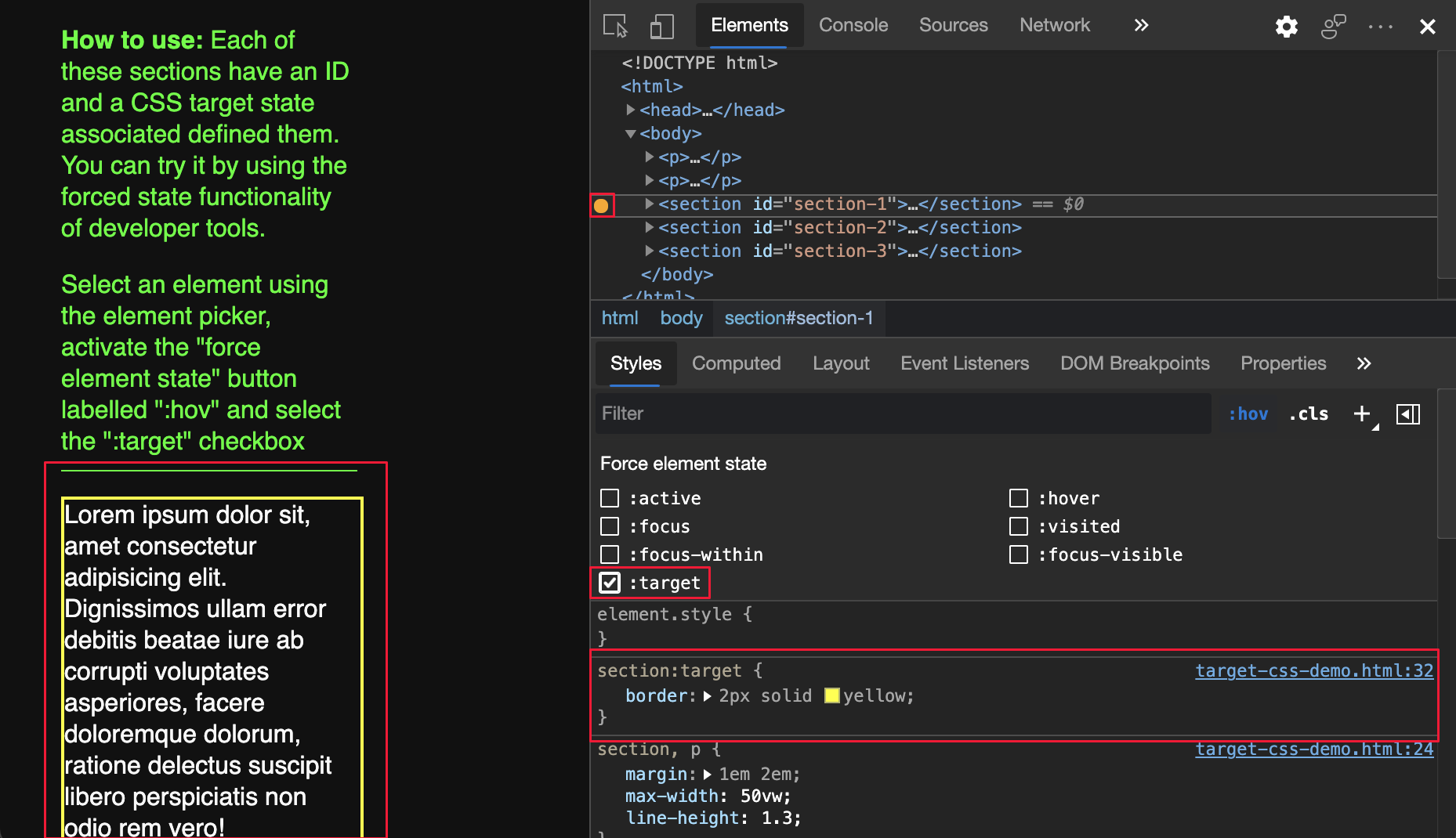 :cible CSS forcée et page web mise en surbrillance