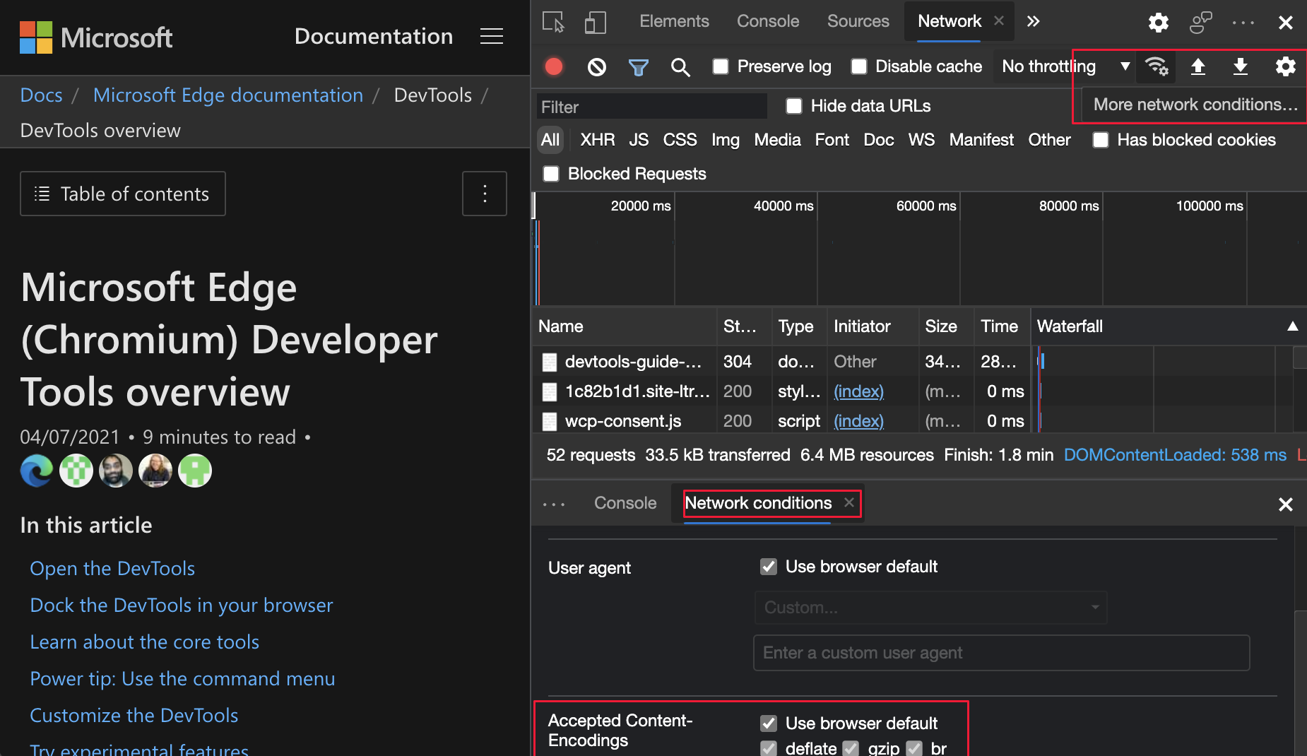 Le bouton « Autres conditions réseau » de l’outil réseau ouvre l’outil « Conditions réseau » pour configurer « Content-Encoding »