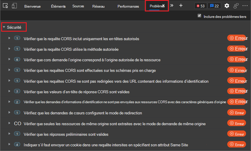 Problèmes CORS sous l’onglet Problèmes