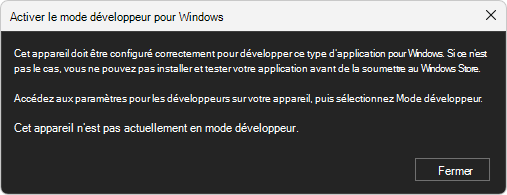 Boîte de dialogue : Activer le mode développeur pour Windows