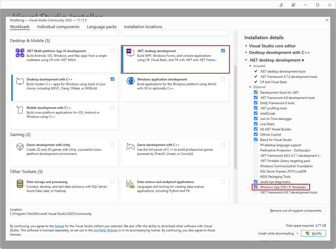 Case à cocher du composant « SDK d'application Windows modèles C# » de la charge de travail développement .NET Desktop dans Visual Studio Installer