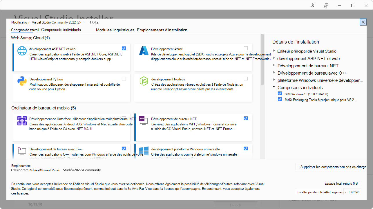 Fenêtre Modification de Visual Studio, état initial