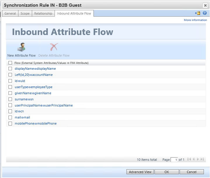 Capture d’écran montrant l’onglet Flux d’attribut entrant dans l’écran Règle de synchronisation IN.