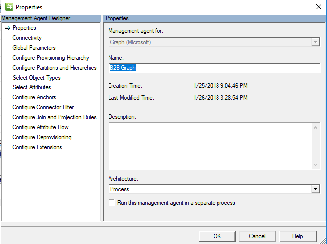 Capture d’écran montrant l’agent de gestion pour Graph avec un nom de graphe B 2 B et un bouton O K.