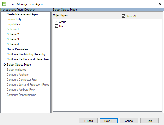 Capture d’écran de la page Types d’objets