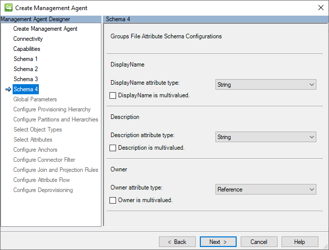 Capture d’écran de la page Configurations du schéma d’attribut de fichier de groupes