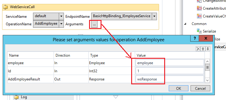 Capture d’écran de la section montrant l’activité d’appel du service web et la définition des valeurs.