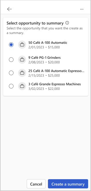 Capture d’écran montrant le volet Sélectionner une opportunité à résumer.