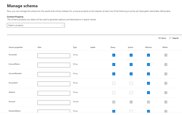 Sélectionnez le schéma pour chaque propriété source. Les options sont Interroger, Rechercher, Récupérer et Affiner.