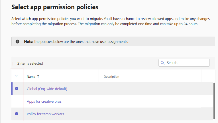 Capture d’écran montrant l’interface utilisateur de migration de gestion centrée sur l’application pour sélectionner des stratégies.