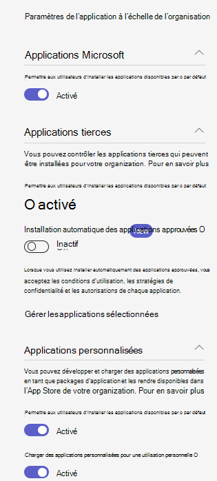 Capture d’écran montrant les paramètres d’application à l’échelle de l’organisation dans une organisation qui utilise la fonctionnalité de gestion centrée sur l’application.