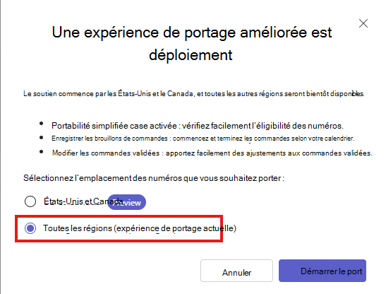 Capture d’écran montrant l’Assistant Port du numéro du centre d’administration Teams pour toutes les régions.