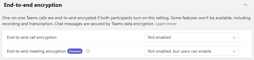 Capture d’écran des stratégies de chiffrement de bout en bout Teams.