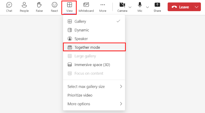 Capture d’écran montrant les options sélectionner le mode ensemble dans la réunion Teams.