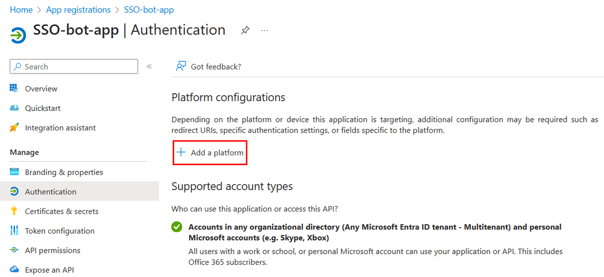 Capture d’écran montrant l’option Ajouter une plateforme sous Authentification.