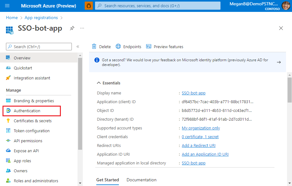 Capture d’écran montrant l’option Authentification sous Gérer.