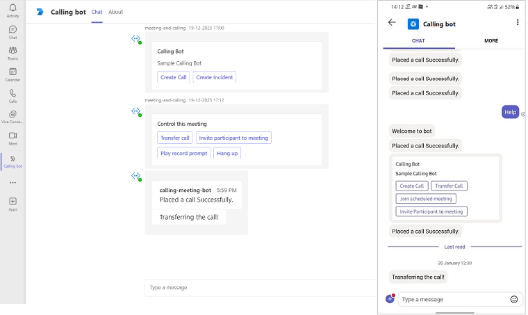 Capture d’écran de la sortie du bot d’appel et de réunion une fois que vous avez correctement effectué le guide pas à pas.