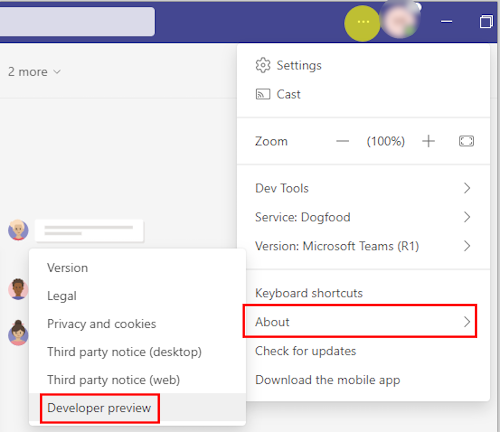 Capture d’écran montrant l’option Aperçu développeur dans la section À propos de Teams classic.