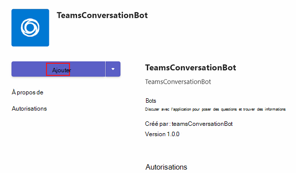 Capture d’écran montrant l’application ajoutée à Teams.