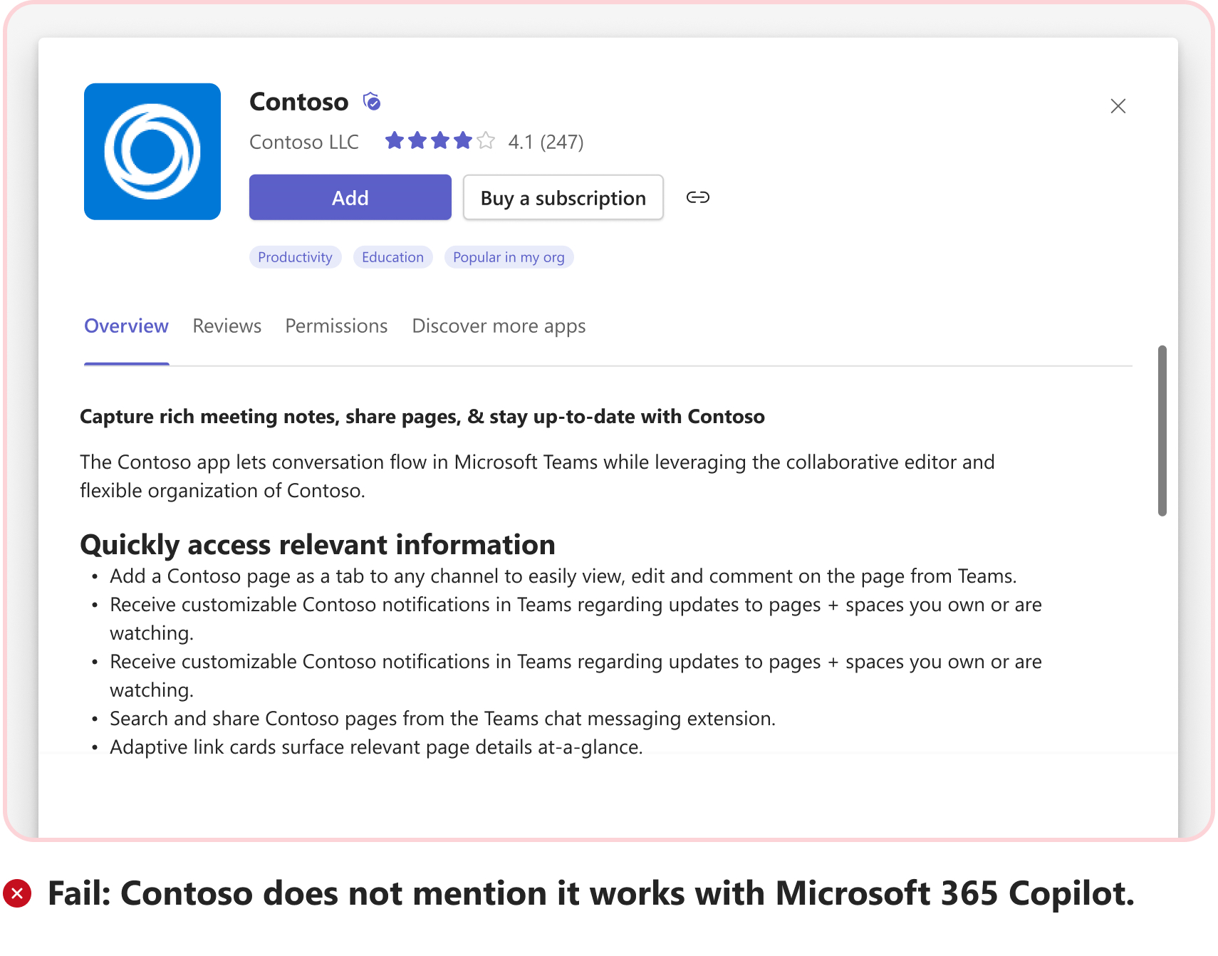 Capture d’écran montrant un scénario d’échec sans exemple d’exemple d’invite d’utilisation de l’extension de message en tant que plug-in dans Microsoft 365 Copilot.