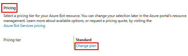 Capture d’écran montrant l’option de tarification dans le portail Azure.