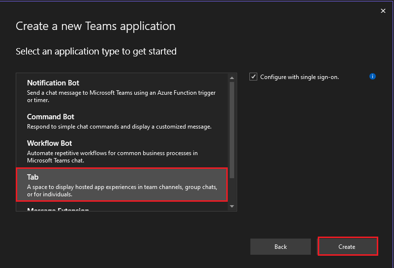 Capture d’écran de Créer une application Teams avec les options Tab et Créer mises en évidence en rouge.