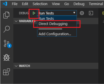 Option Débogage direct sélectionnée dans les options de configuration de la liste déroulante Visual Studio Code Débogage.