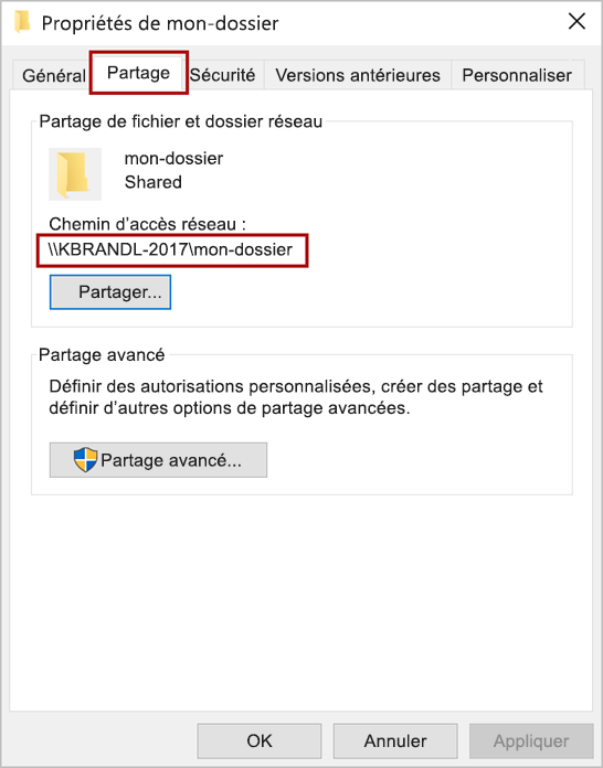 Boîte de dialogue Propriétés du dossier avec l’onglet Partage et le chemin réseau mis en évidence.